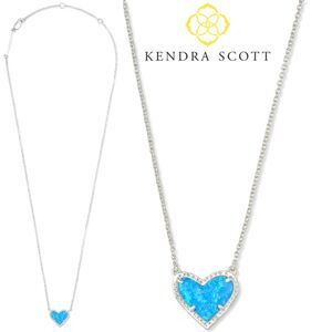 NWOT Kendra Scott Ari Heart Light Blue Lab Grown Opal Rhodium Pendant Necklace